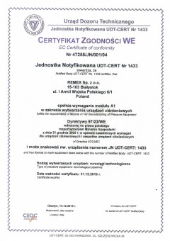 Certyfikat UDT w zakresie wytwarzania urządzeń ciśnieniowych